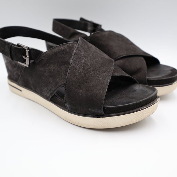 Eileen Fisher Good Slingback Wedge Criss-Cross Black Leather Sandals Size 9 - Picture 2 of 8